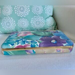 VTG 1980s Jewelry Case Box Watercolor Floral Fabric Gold Tone Clamshell Closure